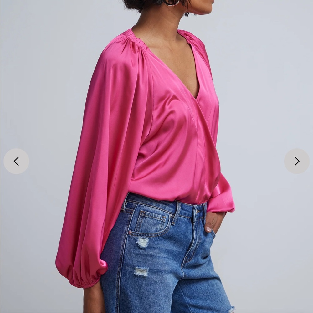 ⭐️2/$20 Rivir: Hot Pink Lavish Satin Balloon Sleeve Bodysuit